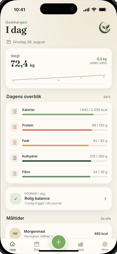 Lunavoas I dag-skærm med vægt og ernæringsoversigt
